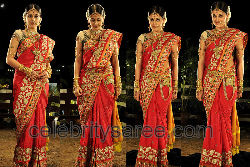 South Indian actress Taapsi in orange designer raw silk bridal saree with