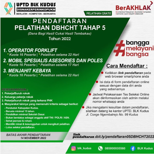 Dibuka Pendaftaran Pelatihan BLK Kudus DBHCHT Tahap 5 2022 Minimal SD