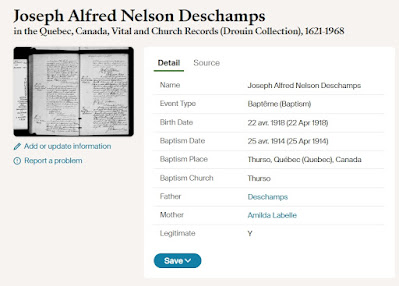 Screen capture taken 3 Feb 2024 of the transcription for the baptism record for Joseph Alfred Nelson Deschamps from the "Quebec, Canada, Vital and Church Records (Drouin Collection), 1621-1968" on Ancestry.ca.