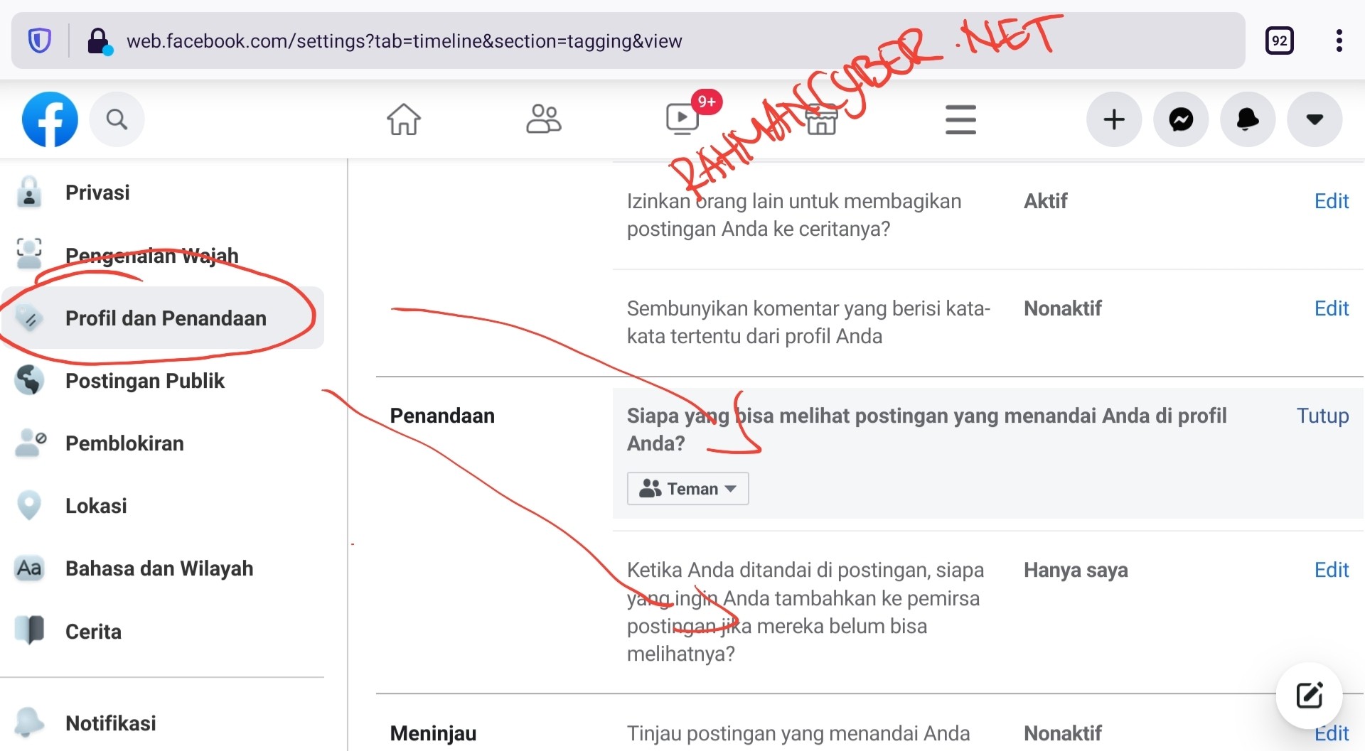 pengaturan penandaan / tag facebook