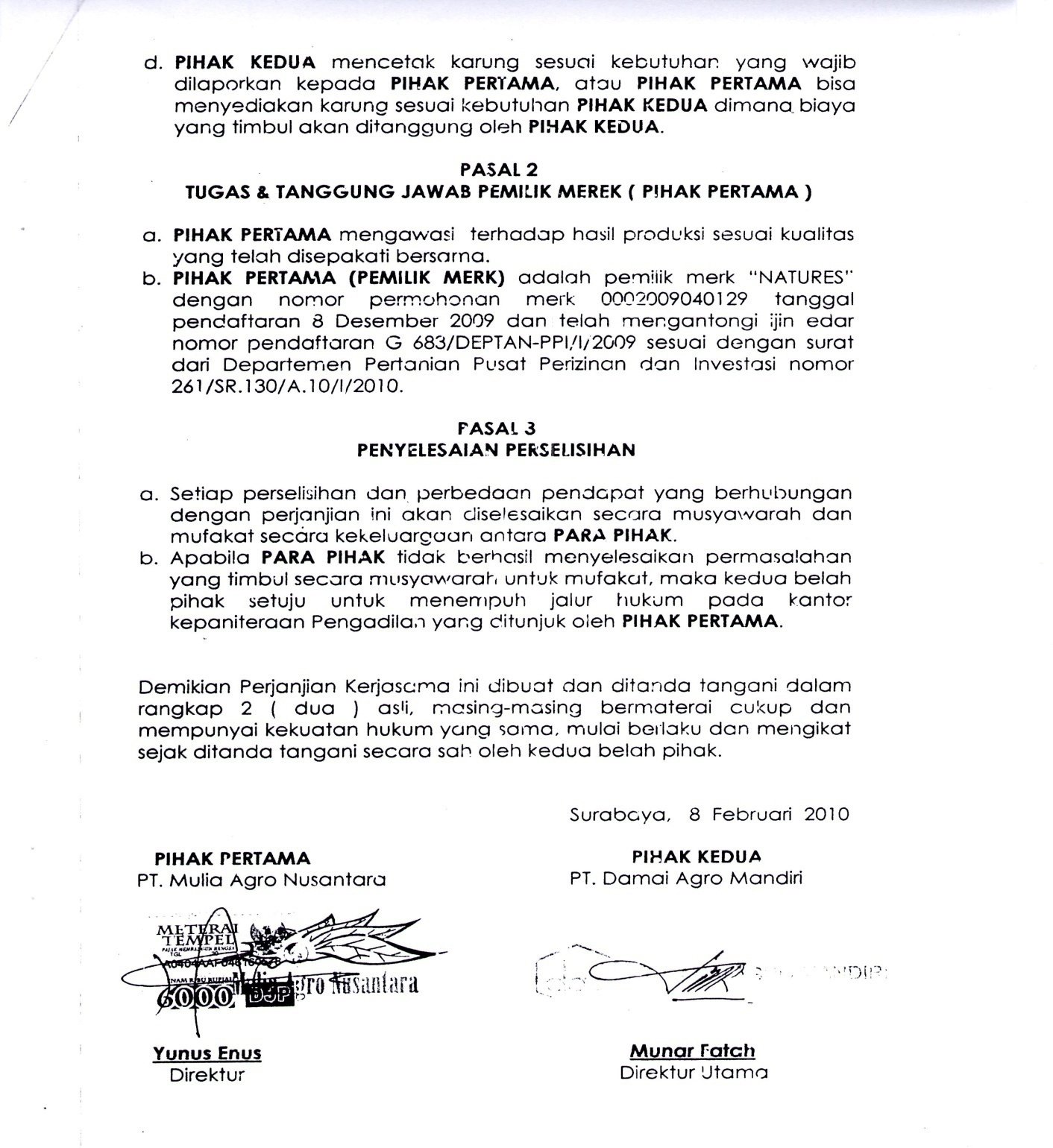 Surat Perjanjian Pelaksanaan Produksi  PT. DAMAI AGRO MANDIRI