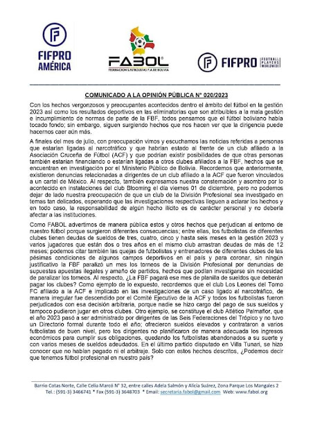 Comunicado de FABOL, pide al Gobierno que intervenga el futbol por que no se paga a los futbolistas y clubes no pueden justificar sus ingresos