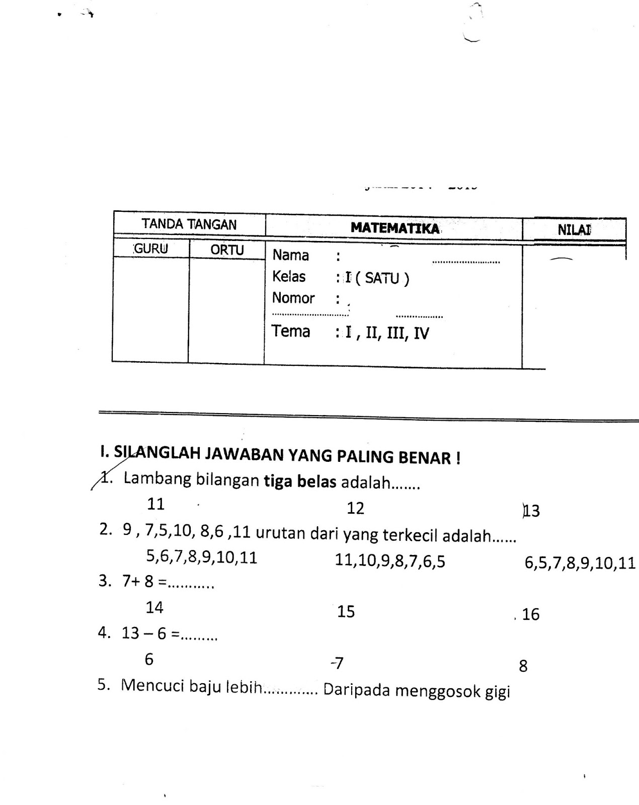 UAS Ujian Akhir Semester Matematika SD Kelas 1 Semester Ganjil TA 2014 2015 Kurikulum 2013