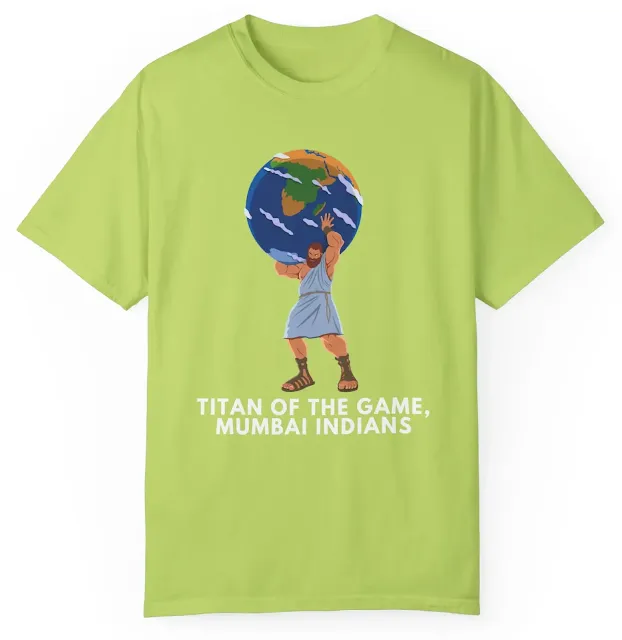 Garment Dyed Personalized Mumbai Indians Cricket T-Shirt for Men and Women With Titan Atlas Holding Earth Globe and Slogan Titan of the Game, Mumbai Indians