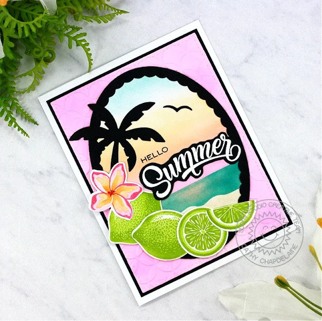 Sunny Studio Stamps: Slice Of Summer Card by Cathy Chapdelaine (featuring Radiant Plumeria, Tropical Trees Backdrop Dies, Stitched Rectangle Dies)