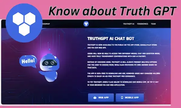 A robot in blue color saying Hello and pointing out to a sign of "Truth GPT"