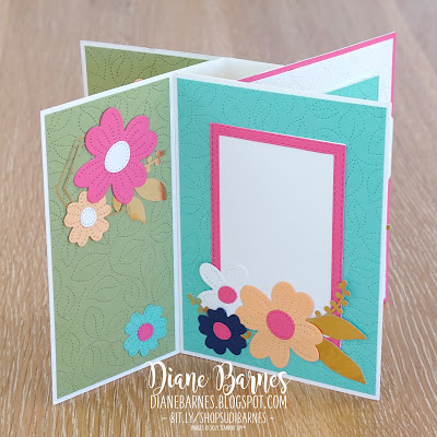 Handmade 3d fancy fold pinwheel tower card. Made by Stampin' Up! supplies: Biggest Wish - Pierced Blooms dies, Tailored Tags dies, Rectangle Stitched Dies,  Stitched Greenery die. Card by Di Barnes - Independent Demonstrator in Sydney Australia - colourmehappy - sydneystamper.