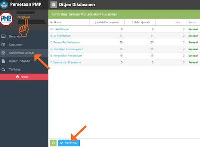 Cara Melakukan Konfirmasi Selesai Mengerjakan Kuesioner PMP  Cara Konfirmasi Selesai Mengerjakan Kuesioner PMP Kepala Sekolah, PTK, Peserta Didik, Pengawas Sekolah, dan Komite Sekolah di Aplikasi PMP Versi 2.0/2.1 Tahun 2017