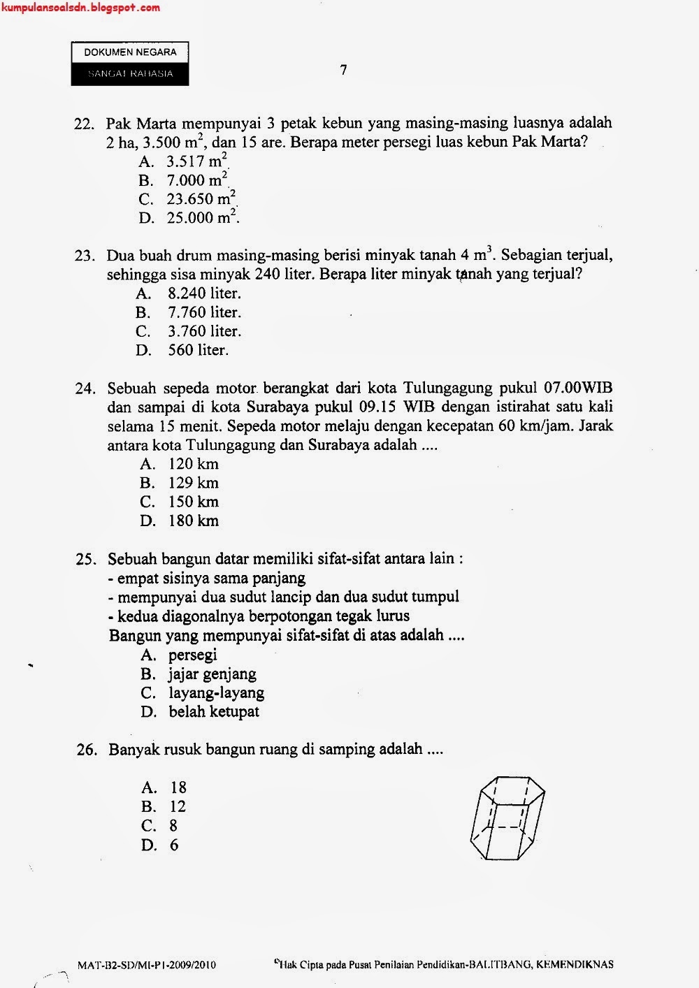 Arsip Soal UN+US+UASBN Matematika Kelas 6 (VI) SD Paket 1 