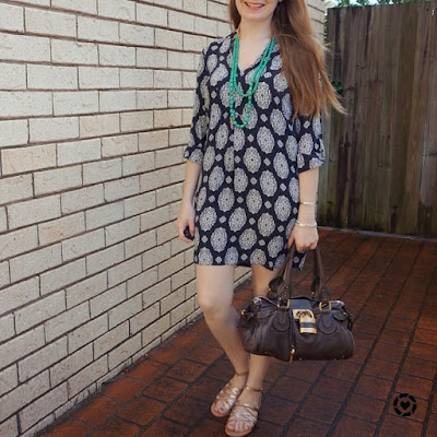 awayfromtheblue instagram navy printed tunic shift dress with gold sandals chloe paddington bag