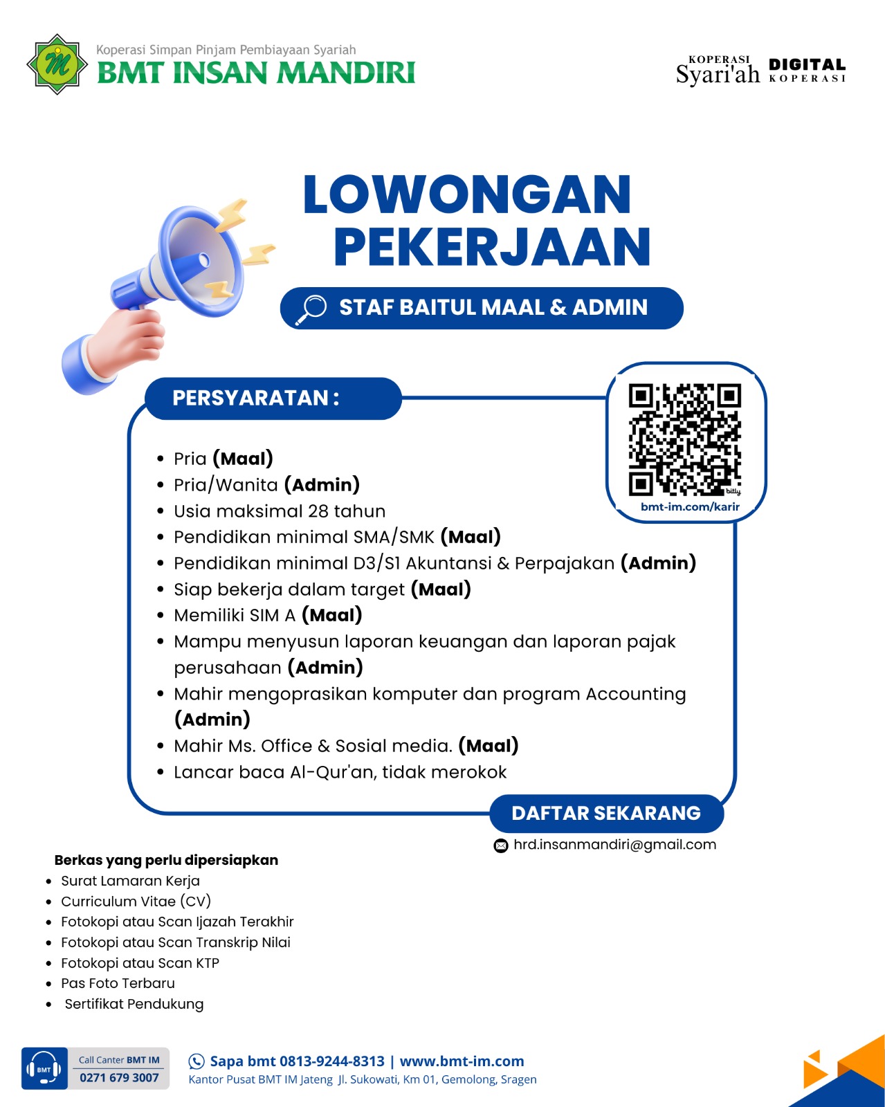 Lowongan Kerja Staf Baitul Maal & Admin di BMT Insan Mandiri Solo Raya