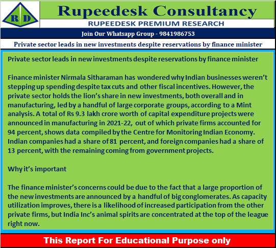 Private sector leads in new investments despite reservations by finance minister - Rupeedesk Reports - 15.09.2022