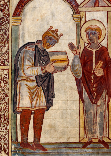 Ательстан преподносит книгу святому Катберту, иллюстрацию к рукописи Беды «Житие святого Катберта»,