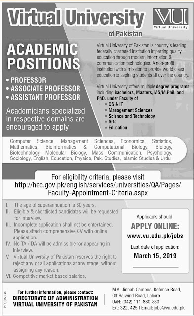 Virtual University Of Pakistan Jobs 2019 for for Teaching Faculty | Latest Advertisement