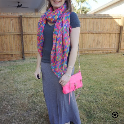 awayfromtheblue Instagram monochrome grey maxi skirt tee outfit with neon pink mini mac and scarf accessories