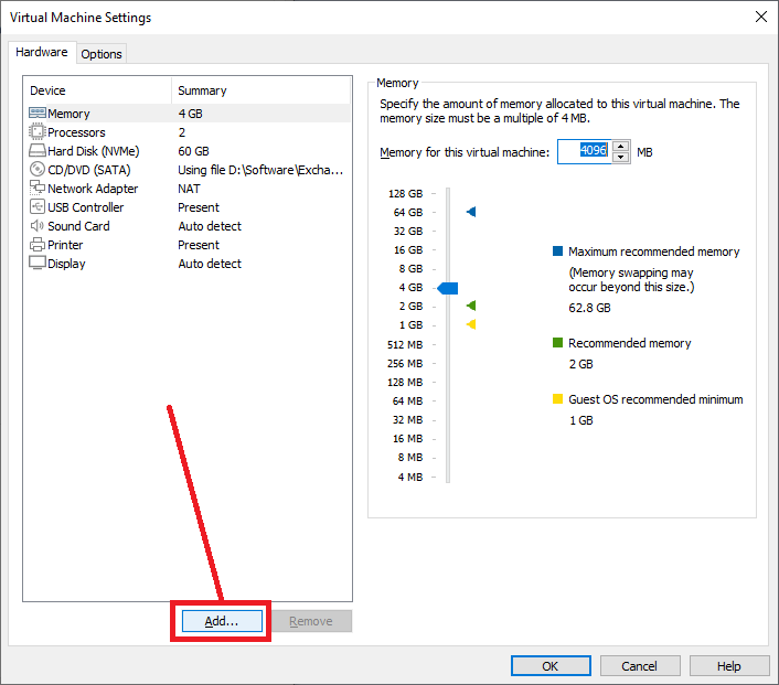 Virtual Machine Settings - Add Hardware