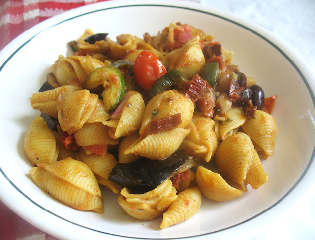 pasta alongside roasted veggies