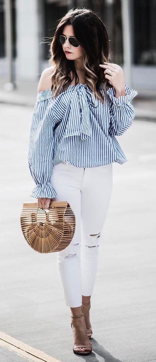 cute outfit idea: shirt + rips + bag