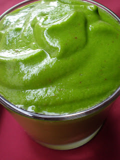 frozen mango spinach pudding. notice the effort i made to contrast the bright green with the red background colour.