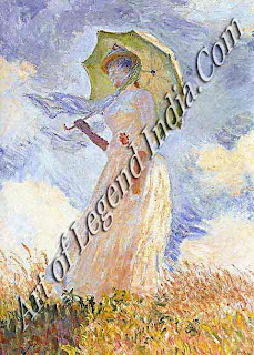 Lady with a Parasol, This brisk and vigorous painting, dating from 1886, conveys the atmosphere of a blustery day the rough brushstrokes of the sky suggest the scudding motion of the clouds. Monet had to work quickly to capture such fast-changing conditions in the weather. 