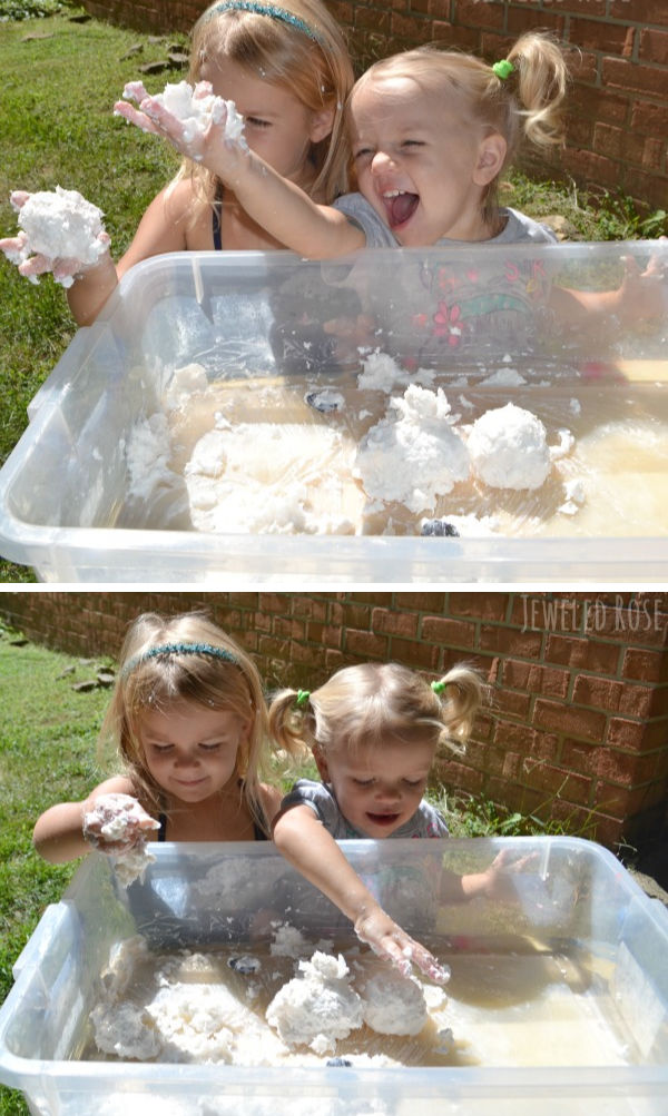 Take a break from traditional play dough and make ghost mud instead!  It's icy-cold, and oh-so-fun! #ghost #ghostmud #ghostmudrecipe #ghostartprojectsforkids #ghostcraftsforkids #ghostrecipes #ghostplaydough #halloweenactivities #halloween #halloweenartsandcraftsforkids #growingajeweledrose #activitiesforkids