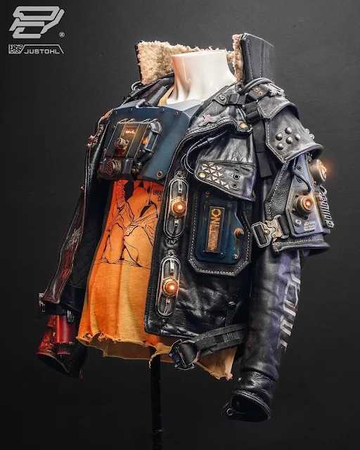 Mercenary Garage Custom Motorcycle Workshop 2024 Custom Cyberpunk Leather Jacket SciFi Punk by Evan Ohl