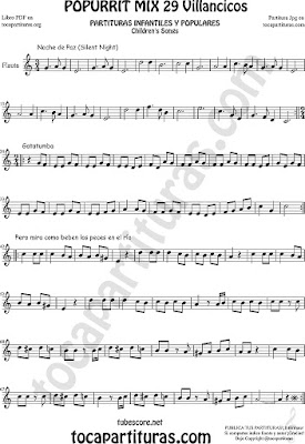 Partitura de Flauta Travesera, dulce y de pico Villancicos Noche de Paz, Gatatumba y Pero Mira como Beben los Peces en el Río Popurrí Mix Sheet Music for Flute