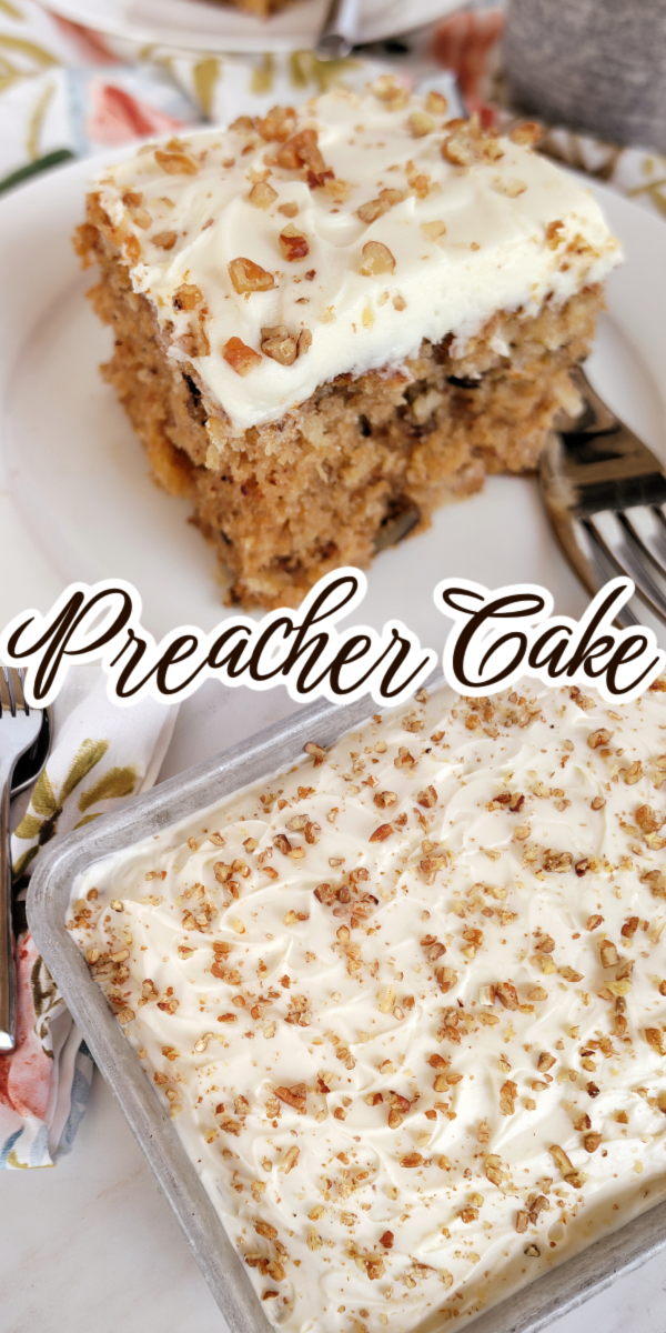 Preacher Cake! This tender, moist cake recipe with crushed pineapple, pecans, coconut and cream cheese frosting is an old Southern tradition to serve when the preacher comes by for a visit!