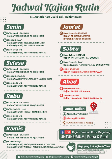 Jadwal Kajian Rutin oleh Ustadz Abu Usaid Zaki Rakhmawan Hafidzahulloh