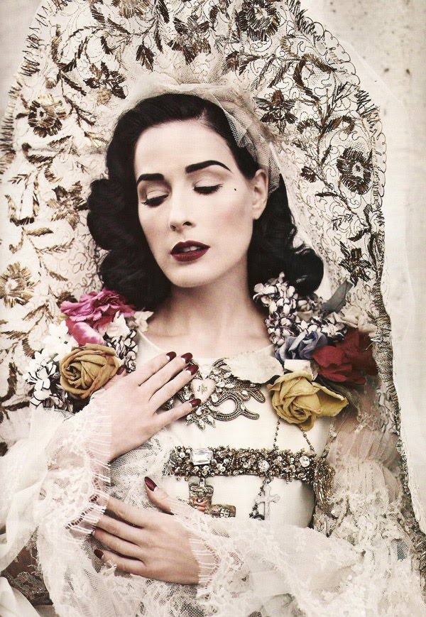 Dita Von Teese wearing an haute couture Christian Lacroix wedding gown in 