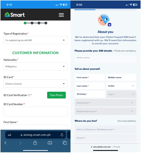 Smart and Globe SIM Registration - Input your Information