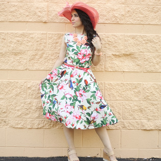 Flower and Bird Print Retro Style Dress