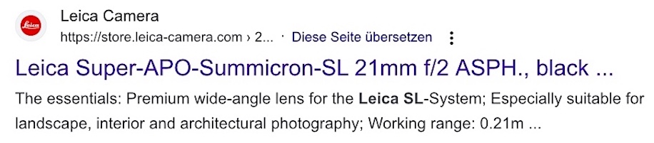 Скриншот сайта с выдачей Google о новом объективе Leica Super-APO-Summicron-SL 21mm f/2 ASPH