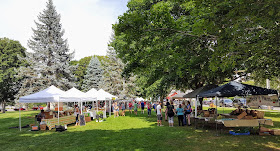 two rows of vendors at the Franklin Farmers Market in July