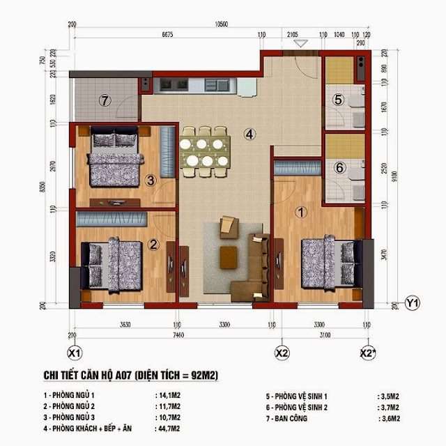 Chung cư 283 Khương Trung, Căn A7, diện tích 92m2