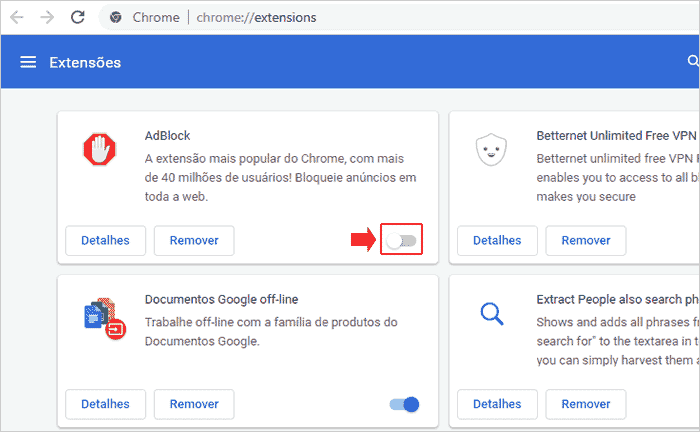 Desativando extensões indesejadas