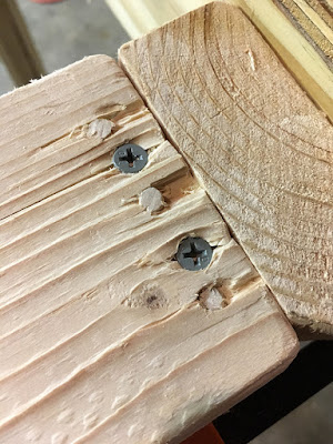 A close-up of the end of a 2x4 with another 2x4 butting against it, held in place with three small dowel pegs and two screws in the spaces between the pegs.
