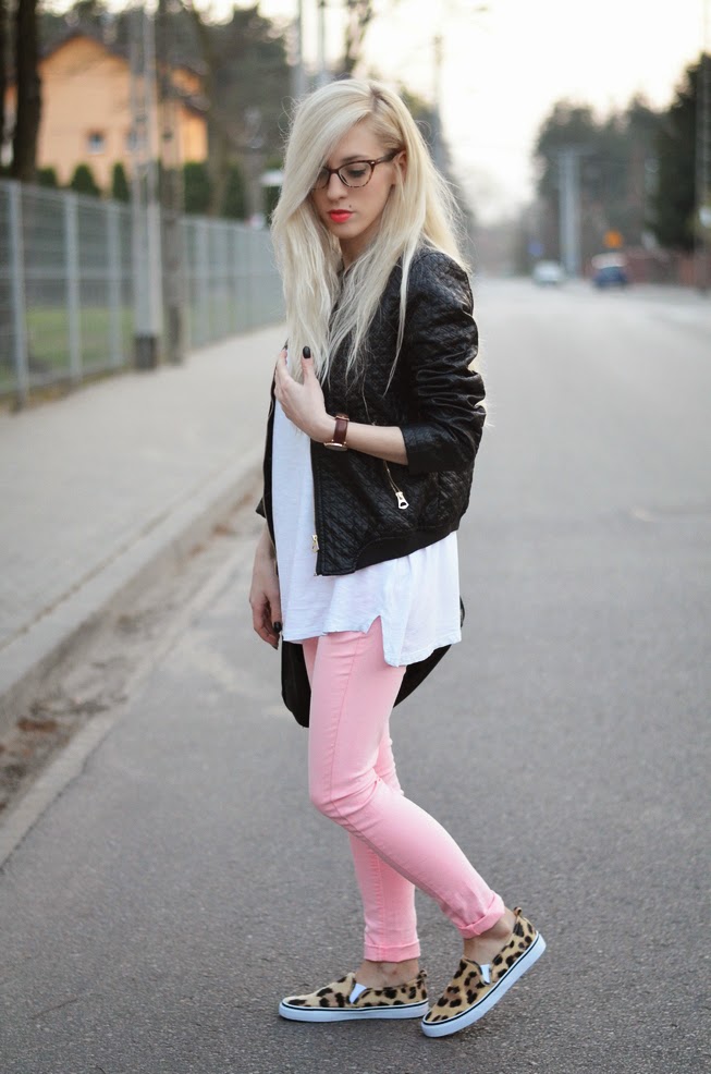 QUILTED BOMBER JACKET, NEON PINK JEANS & LEOPARD SLIP ONS 