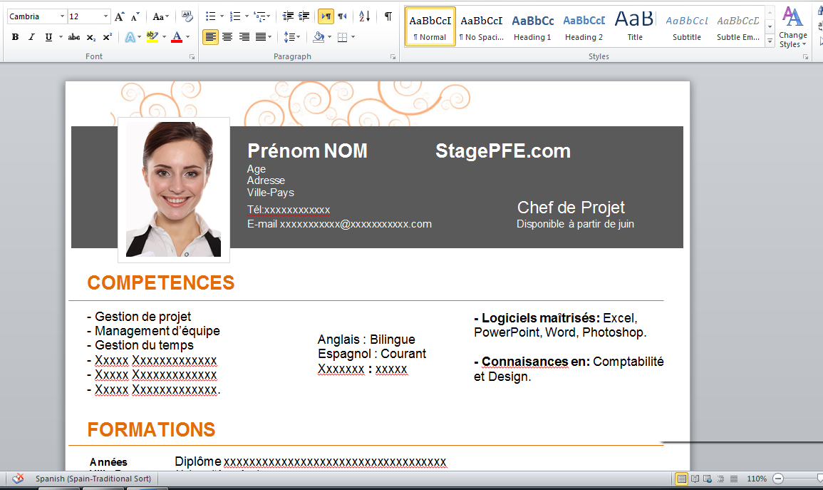 Docx] Modele CV Word 2015 (chef de projet) gratuit