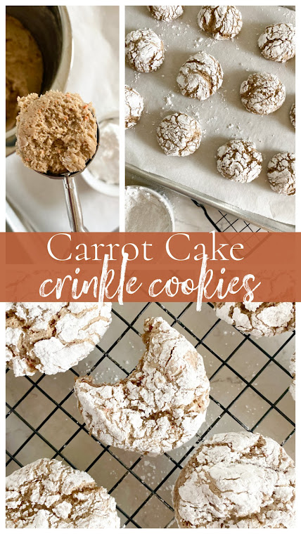 Collage of carrot cookies on a wire rack and baking sheet + a cookie scoop with cookie dough.
