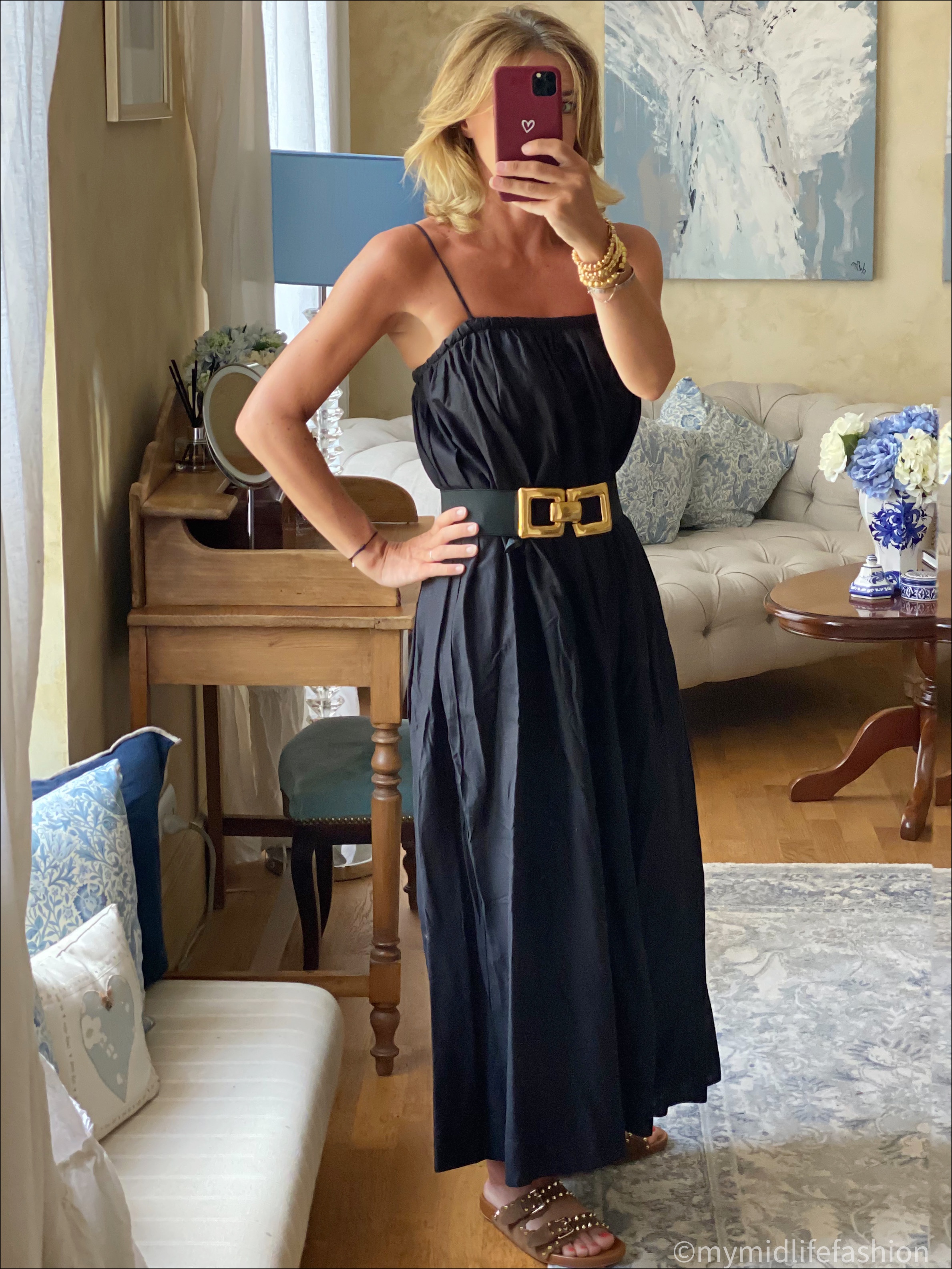 my midlife fashion, h and m linen spaghetti strap maxi dress, studded sliders, Zara elasticated belt
