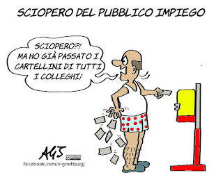 Sciopero, dipendenti pubblici, assenteismo, contratto, cartellino, furbetti del cartellino, vignetta, satira