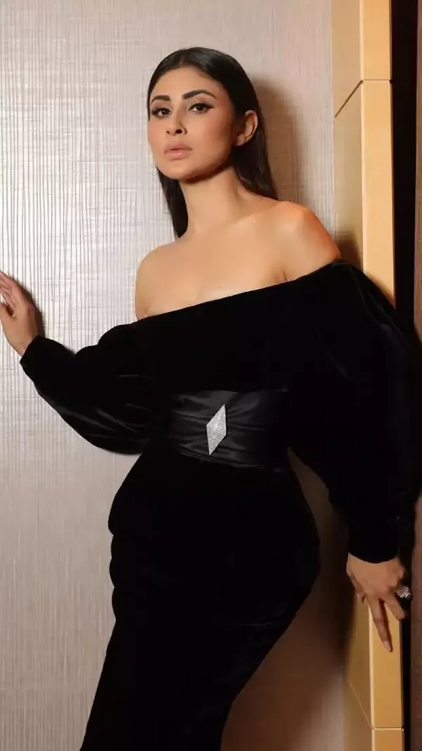 mouni roy cleavage off shoulder black dress