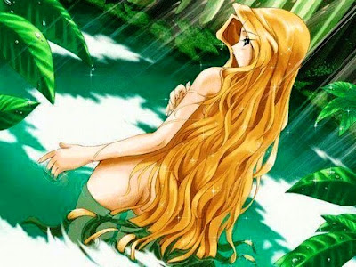 long blonde hair anime girl. blonde hair cascading over her slender shoulders. Her deep blue eyes