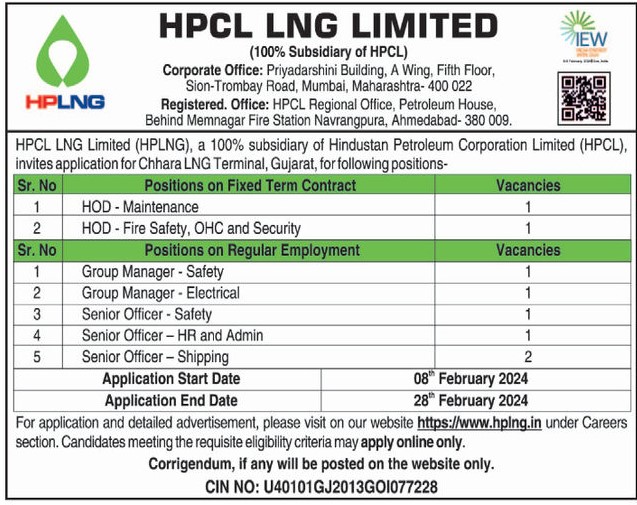 HPCL LNG Limited Recruitment 2024 For Maintenance/ Fire Safety, OHC and Security/ Electrical/ HR & Admin