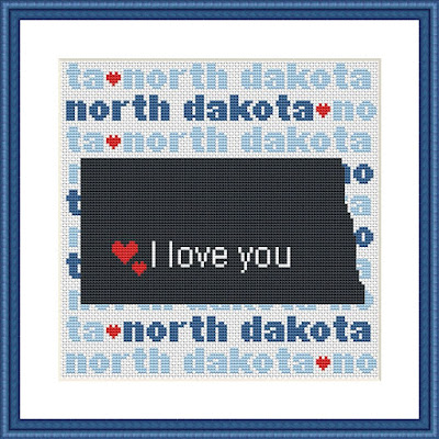 North Dakota map typography cross stitch pattern - Tango Stitch