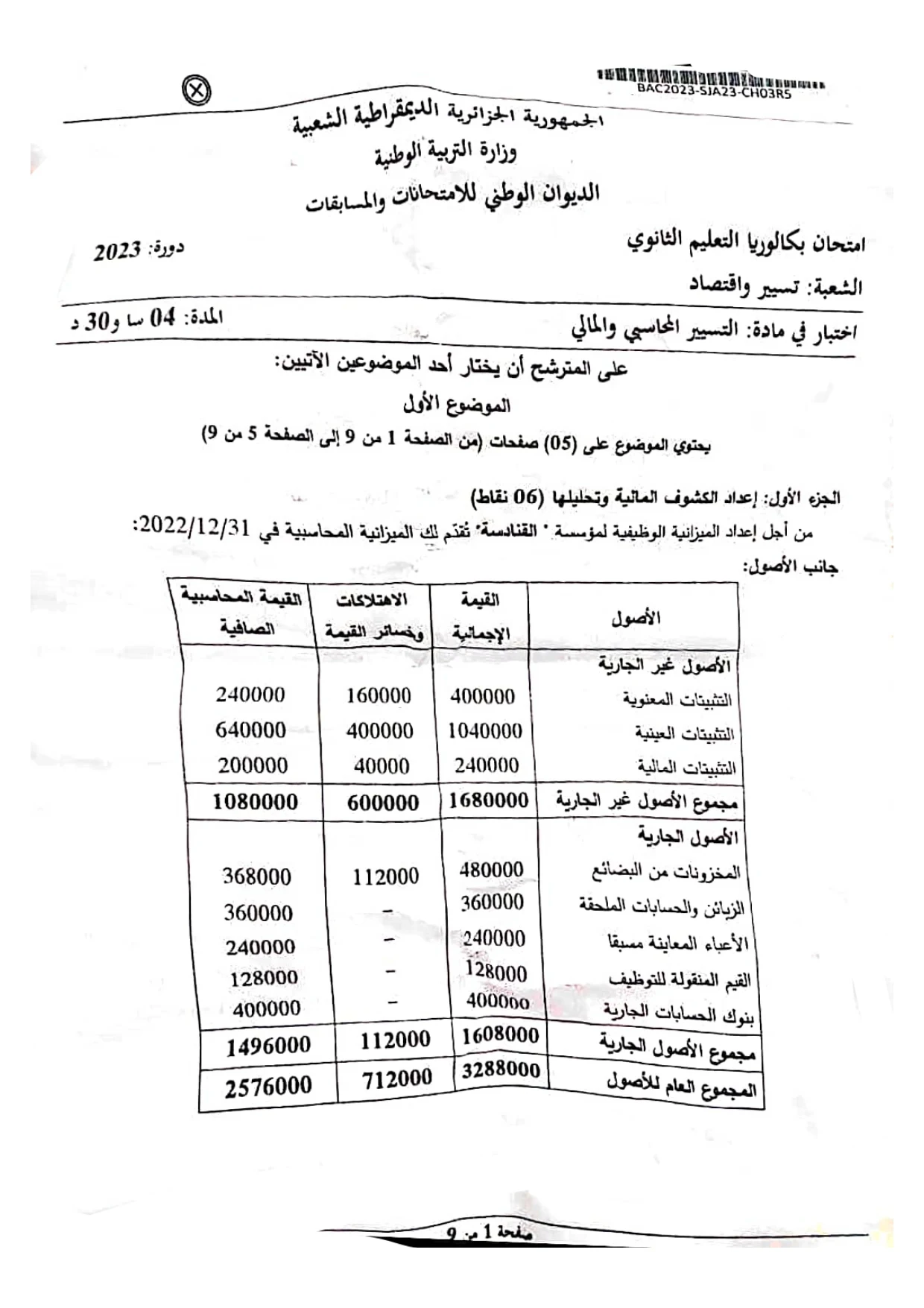 موضوع التسيير المحاسبي بكالوريا 2023 شعبة تسيير واقتصاد