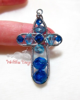 Blue themed Wire Wrapped Cross with Swarovski Crystal