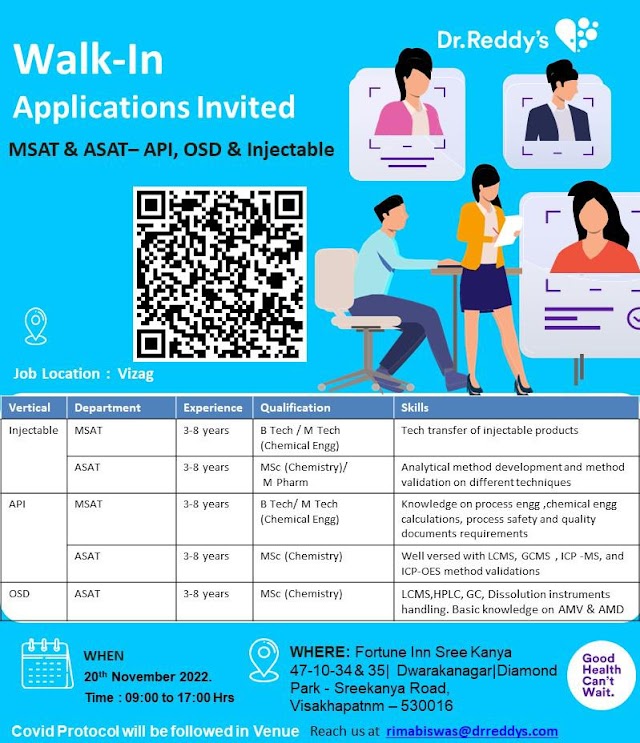 Dr.Reddy's Labs | Walk-in interview at Visakhapatnam for MSAT/ ASAT on 20th November 2022