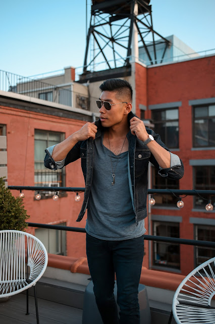 Men's Summer Style, Denim Jacket, Double Denim, Day to Night, The Express Life, Prada Sunglasses